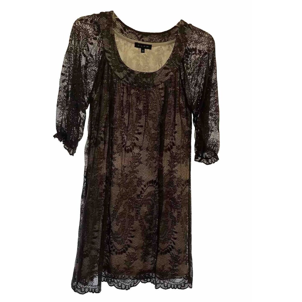 Glam Women’s Brown Lined Sheer Floral Lace Overlay Vintage Style Dress Size S